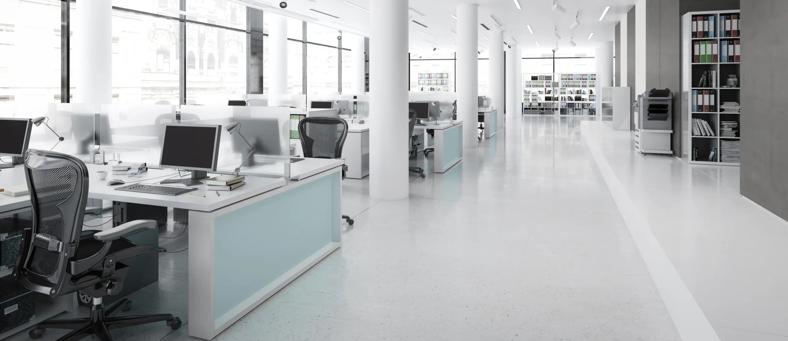 Modern Office Furnishings – panoramic 3d visualization Modern Office Furnishings - black and white 3d visualization
